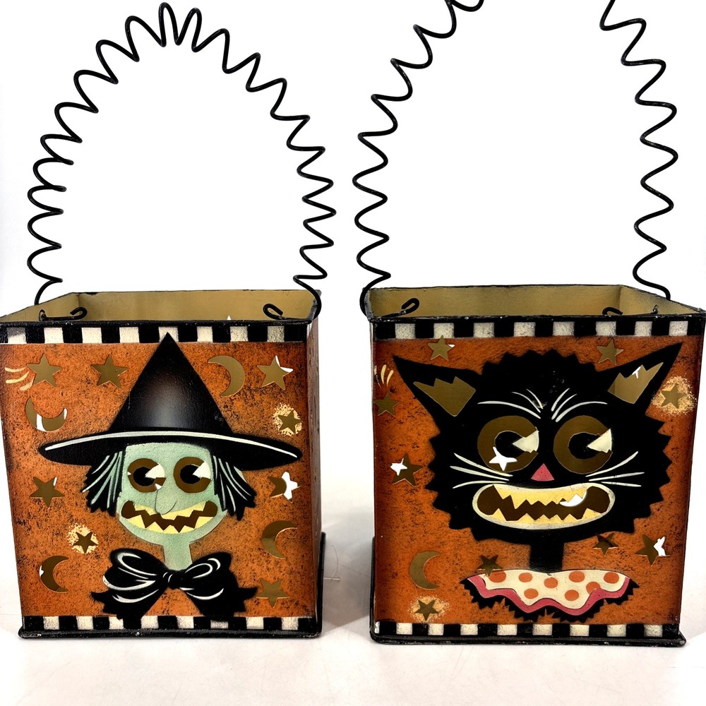 Mary Engelbreit 2 Halloween Luminares Candle‎ Holders Decor Lot Witch Black Cat